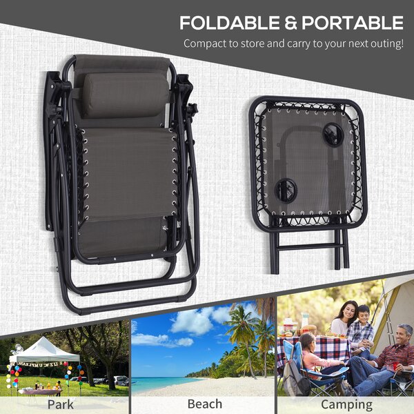 Outsunny 3pcs Folding Zero Gravity Chairs Sun Lounger Table Set w/ Cup Holders Reclining Garden Yard Pool, Dark Grey Aosom UK