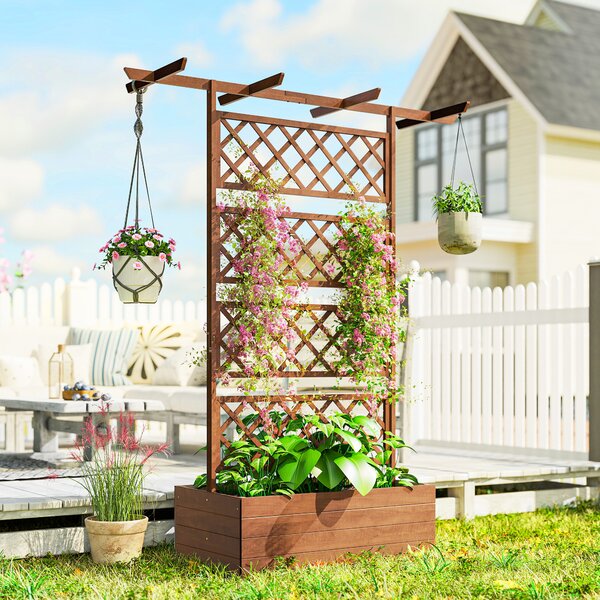 Outsunny Planter Box with Wooden Decorative Trellis Raised Bed for Climbing Plants, Garden and Patio Use, Orange Aosom UK