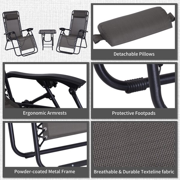 Outsunny 3pcs Folding Zero Gravity Chairs Sun Lounger Table Set w/ Cup Holders Reclining Garden Yard Pool, Dark Grey Aosom UK