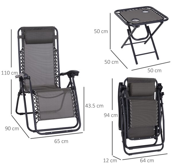 Outsunny 3pcs Folding Zero Gravity Chairs Sun Lounger Table Set w/ Cup Holders Reclining Garden Yard Pool, Dark Grey Aosom UK