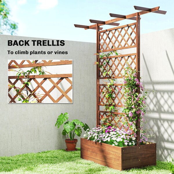 Outsunny Planter Box with Wooden Decorative Trellis Raised Bed for Climbing Plants, Garden and Patio Use, Orange Aosom UK