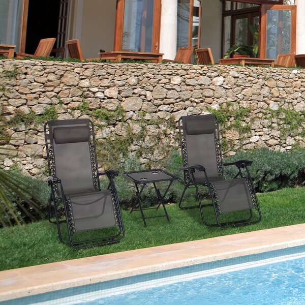 Outsunny 3pcs Folding Zero Gravity Chairs Sun Lounger Table Set w/ Cup Holders Reclining Garden Yard Pool, Dark Grey Aosom UK