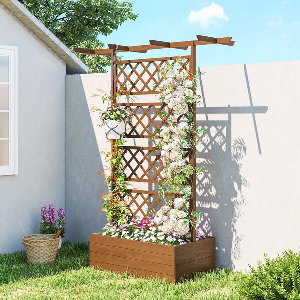 Outsunny Planter Box with Wooden Decorative Trellis Raised Bed for Climbing Plants, Garden and Patio Use, Orange Aosom UK