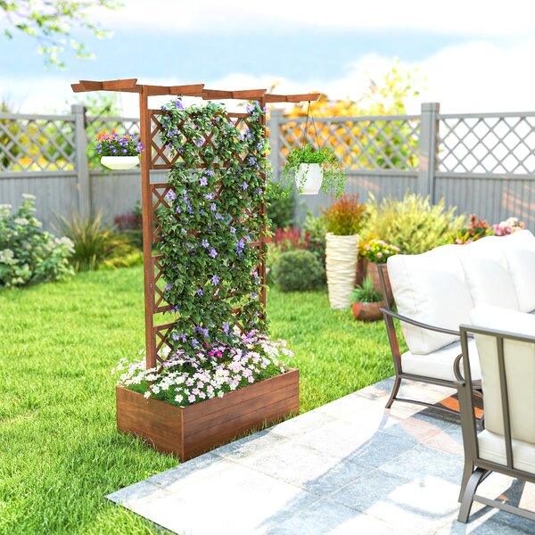 Outsunny Planter Box with Wooden Decorative Trellis Raised Bed for Climbing Plants, Garden and Patio Use, Orange Aosom UK