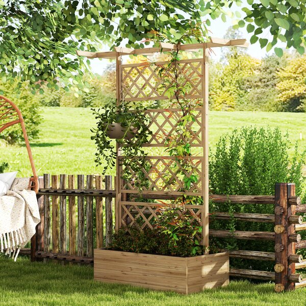 Outsunny Wooden Planter Box with Decorative Trellis, Raised Garden Bed for Climbing Plants, Natural Tone Aosom UK