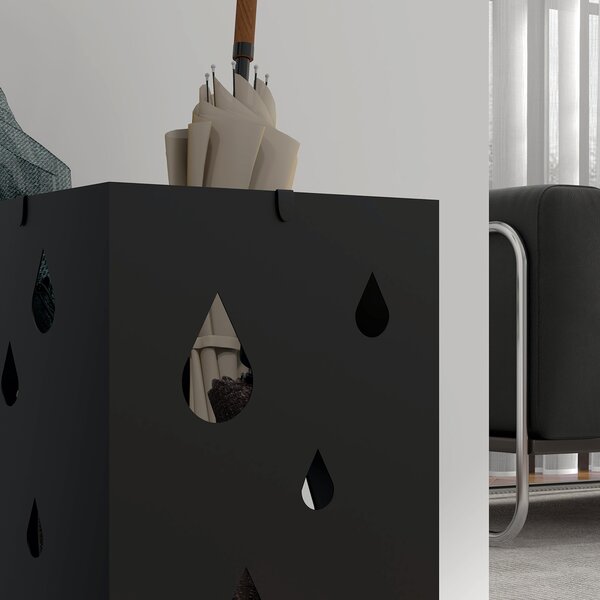 HOMCOM Square Umbrella Stand Freestanding for Hallway with 4 Hooks, Drip Tray, Metal Construction, Dark Grey Aosom UK