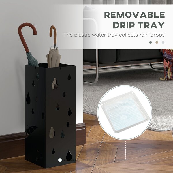 HOMCOM Square Umbrella Stand Freestanding for Hallway with 4 Hooks, Drip Tray, Metal Construction, Dark Grey Aosom UK