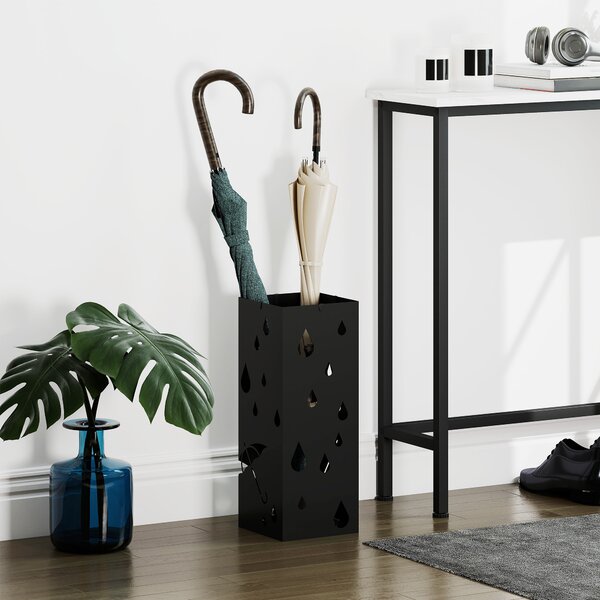 HOMCOM Square Umbrella Stand Freestanding for Hallway with 4 Hooks, Drip Tray, Metal Construction, Dark Grey Aosom UK