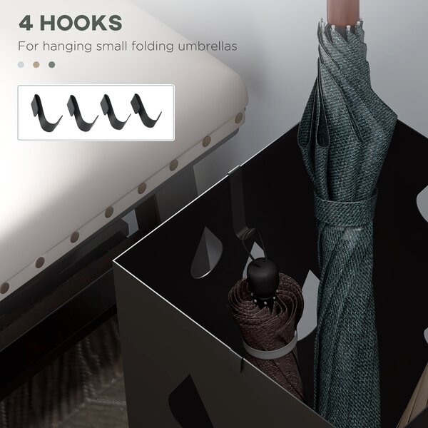 HOMCOM Square Umbrella Stand Freestanding for Hallway with 4 Hooks, Drip Tray, Metal Construction, Dark Grey Aosom UK
