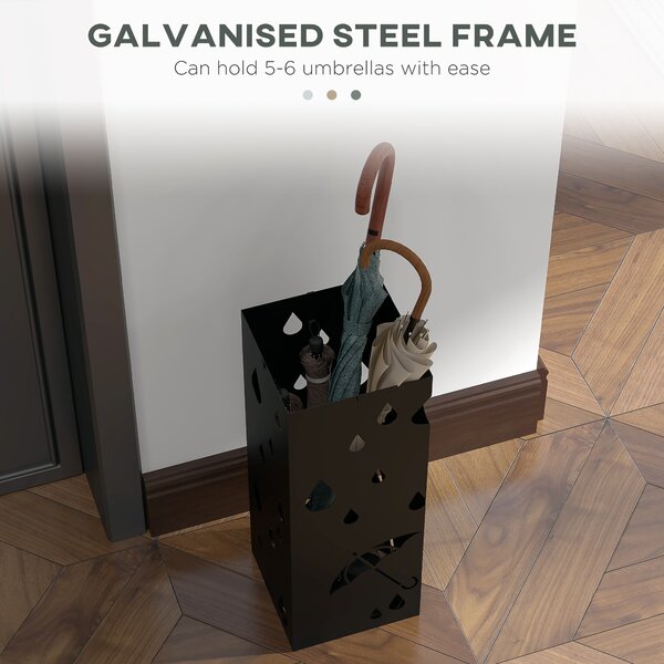 HOMCOM Square Umbrella Stand Freestanding for Hallway with 4 Hooks, Drip Tray, Metal Construction, Dark Grey Aosom UK