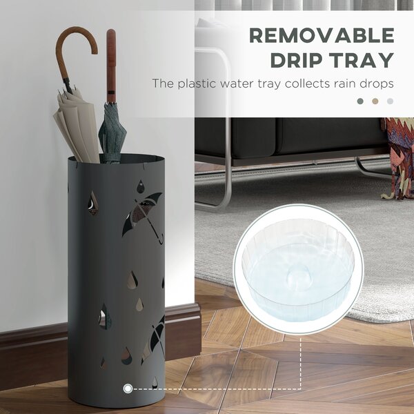 HOMCOM Umbrella Station: Circular Stand with Hooks & Water Tray, Hallway Essential, Dark Grey Aosom UK