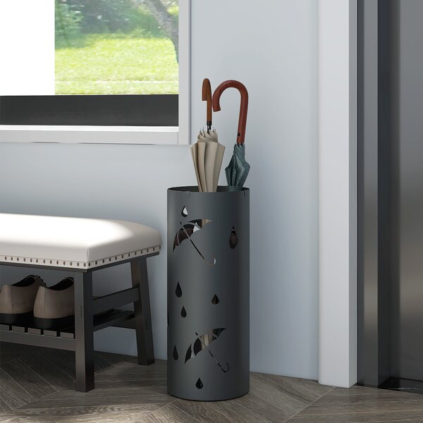 HOMCOM Umbrella Station: Circular Stand with Hooks & Water Tray, Hallway Essential, Dark Grey Aosom UK