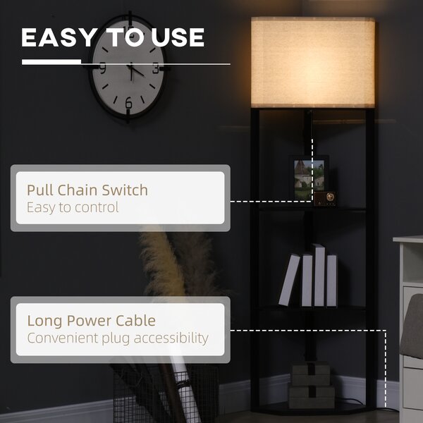 HOMCOM Triangle Floor Lamp with Shelves, Chain Switch, Black Aosom UK