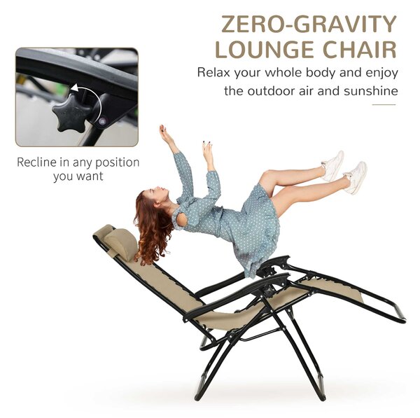 Outsunny 3pcs Folding Zero Gravity Chairs Sun Lounger Table Set w/ Cup Holders Reclining Garden Yard Pool, Beige