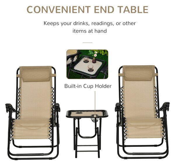 Outsunny 3pcs Folding Zero Gravity Chairs Sun Lounger Table Set w/ Cup Holders Reclining Garden Yard Pool, Beige