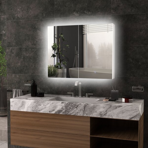 Kleankin LED Bathroom Mirror Cabinet with Light, Bathroom Storage Cupboard w/ Adjustable Shelf, Smart Trouch, 90x15x70cm, White Aosom UK