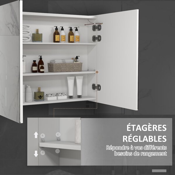 Kleankin LED Bathroom Mirror Cabinet with Light, Bathroom Storage Cupboard w/ Adjustable Shelf, Smart Trouch, 90x15x70cm, White Aosom UK