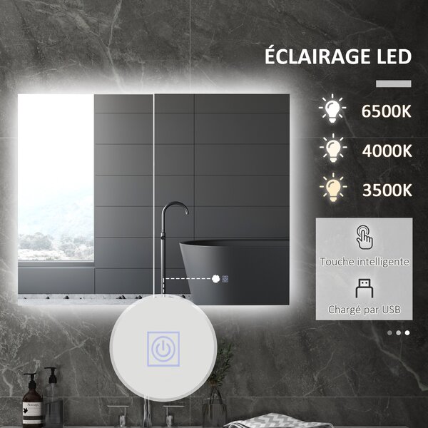 Kleankin LED Bathroom Mirror Cabinet with Light, Bathroom Storage Cupboard w/ Adjustable Shelf, Smart Trouch, 90x15x70cm, White Aosom UK
