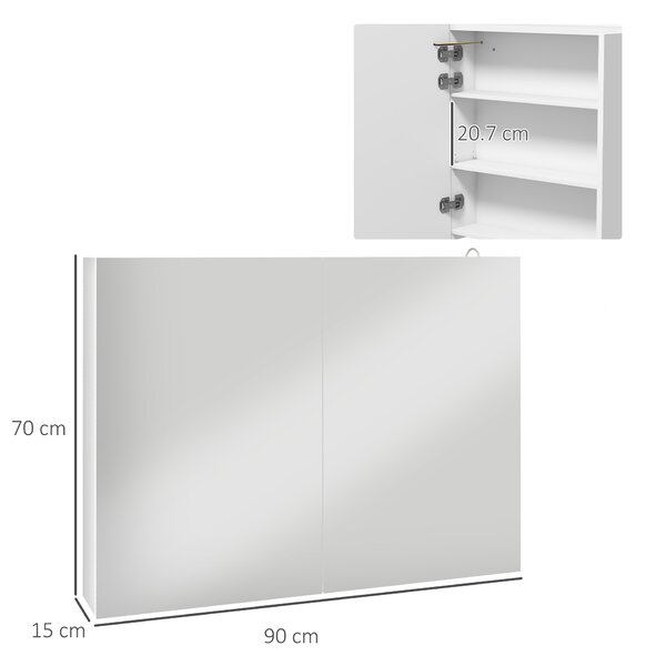 Kleankin LED Bathroom Mirror Cabinet with Light, Bathroom Storage Cupboard w/ Adjustable Shelf, Smart Trouch, 90x15x70cm, White Aosom UK