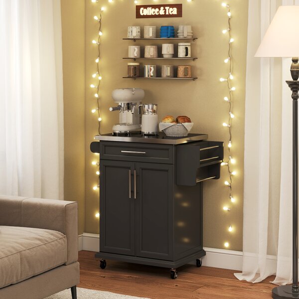 HOMCOM Kitchen Island, MDF, Stainless Steel Top-Black Aosom UK