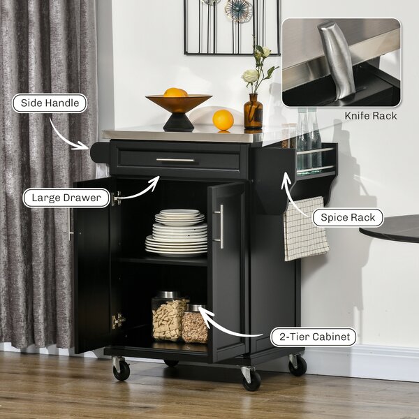 HOMCOM Kitchen Island, MDF, Stainless Steel Top-Black Aosom UK