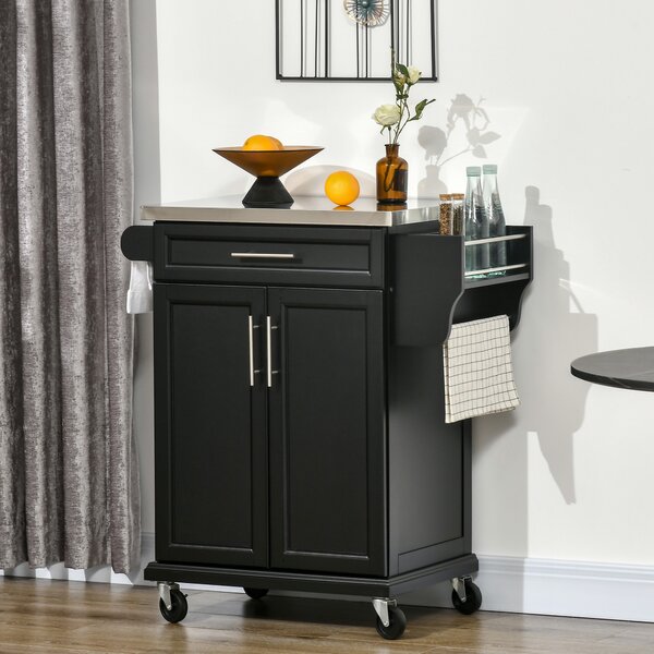 HOMCOM Kitchen Island, MDF, Stainless Steel Top-Black Aosom UK