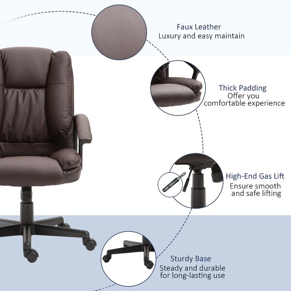 HOMCOM Swivel Executive Office Chair Mid Back Faux Leather Computer Desk Chair for Home with Double-Tier Padding, Arm, Wheels, Brown Aosom UK
