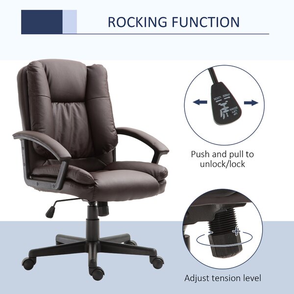 HOMCOM Swivel Executive Office Chair Mid Back Faux Leather Computer Desk Chair for Home with Double-Tier Padding, Arm, Wheels, Brown Aosom UK