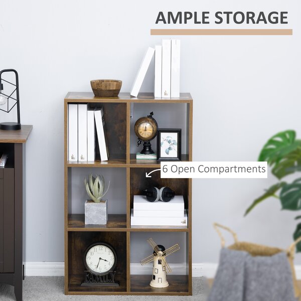 HOMCOM Industrial Style Storage Shelf, Bookcase, Bookshelf with 6 Compartments, Freestanding Shelving Unit for Living Room, Home, Brown Aosom UK