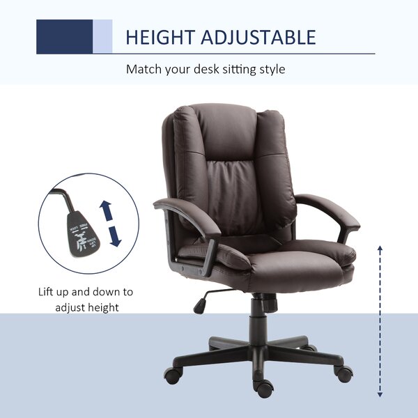 HOMCOM Swivel Executive Office Chair Mid Back Faux Leather Computer Desk Chair for Home with Double-Tier Padding, Arm, Wheels, Brown Aosom UK