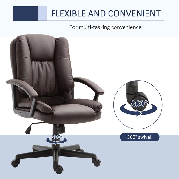 HOMCOM Swivel Executive Office Chair Mid Back Faux Leather Computer Desk Chair for Home with Double-Tier Padding, Arm, Wheels, Brown Aosom UK