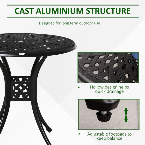 Outsunny 78cm Round Garden Dining Table Bistro Set with Parasol Hole Antique Cast Aluminium Outdoor Table, Black