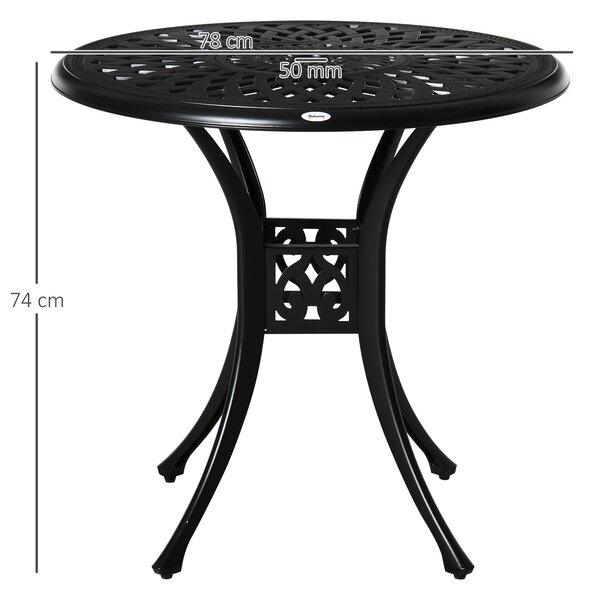 Outsunny 78cm Round Garden Dining Table Bistro Set with Parasol Hole Antique Cast Aluminium Outdoor Table, Black