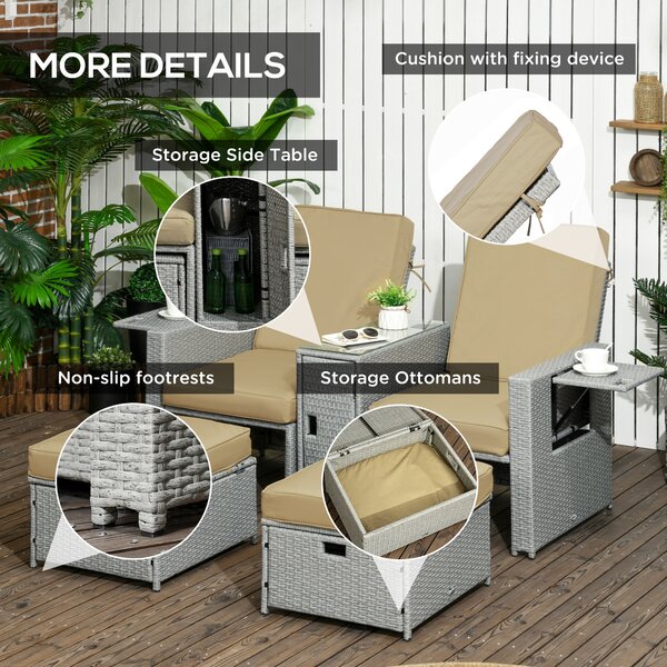 Outsunny 5PC PE Rattan Sun Lounger, Outdoor Wicker 5-level Adjustable Recliner Sofa Bed with Storage Side Table Footstools, for Patio, Garden, Beige