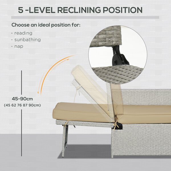 Outsunny 5PC PE Rattan Sun Lounger, Outdoor Wicker 5-level Adjustable Recliner Sofa Bed with Storage Side Table Footstools, for Patio, Garden, Beige