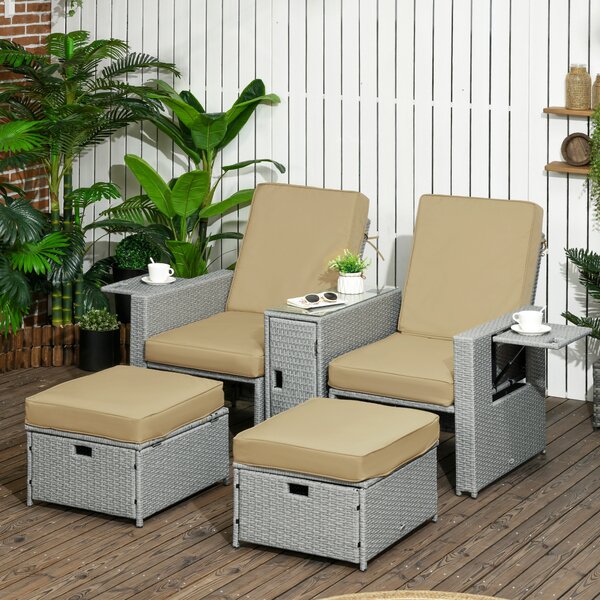 Outsunny 5PC PE Rattan Sun Lounger, Outdoor Wicker 5-level Adjustable Recliner Sofa Bed with Storage Side Table Footstools, for Patio, Garden, Beige