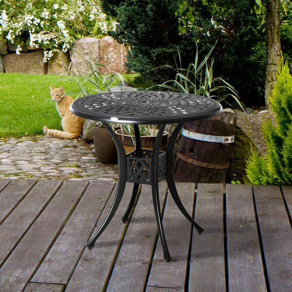 Outsunny 78cm Round Garden Dining Table Bistro Set with Parasol Hole Antique Cast Aluminium Outdoor Table, Black