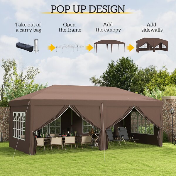 Outsunny 3 x 6m Sturdy Pop Up Gazebo with Sides, Metal Frame Party Tent with Carry Bag, Height Adjustable for Garden, Brown Aosom UK