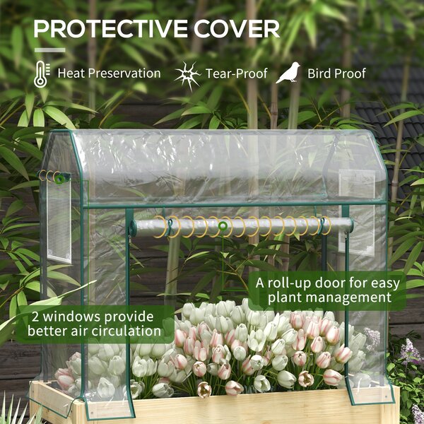 Outsunny Wooden Planter Box with Greenhouse Cover and Bed Liner, Raised Garden Bed for Vegetables, Flowers, Herbs Aosom UK