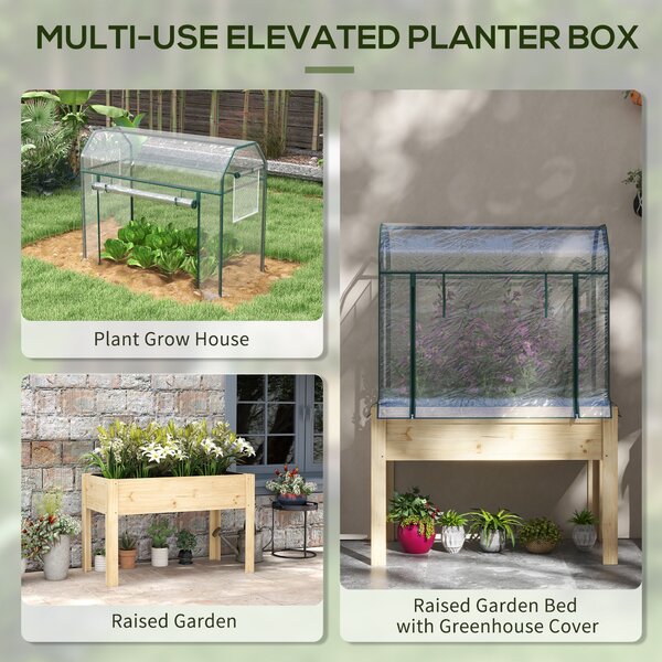Outsunny Wooden Planter Box with Greenhouse Cover and Bed Liner, Raised Garden Bed for Vegetables, Flowers, Herbs Aosom UK