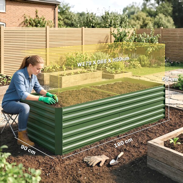 Outsunny Rectangular Garden Beds with Multi-reinforced Rods, Galvanised Steel Outdoor Planters, 180 x 90 x 59 cm, Green Aosom UK