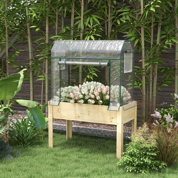 Outsunny Wooden Planter Box with Greenhouse Cover and Bed Liner, Raised Garden Bed for Vegetables, Flowers, Herbs Aosom UK