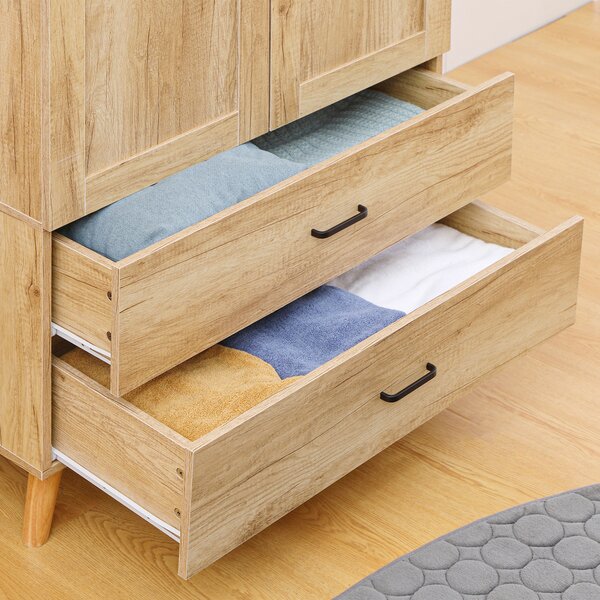 HOMCOM 2 Door Wardrobe, Modern Wardrobe with 2 Drawer and Hanging Rail for Bedroom, Natural Aosom UK