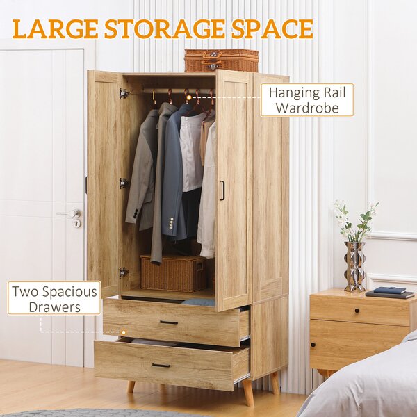 HOMCOM 2 Door Wardrobe, Modern Wardrobe with 2 Drawer and Hanging Rail for Bedroom, Natural Aosom UK