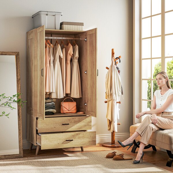 HOMCOM 2 Door Wardrobe, Modern Wardrobe with 2 Drawer and Hanging Rail for Bedroom, Natural Aosom UK