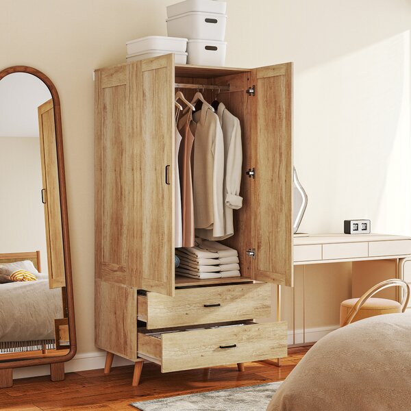 HOMCOM 2 Door Wardrobe, Modern Wardrobe with 2 Drawer and Hanging Rail for Bedroom, Natural Aosom UK