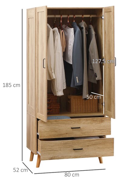 HOMCOM 2 Door Wardrobe, Modern Wardrobe with 2 Drawer and Hanging Rail for Bedroom, Natural Aosom UK