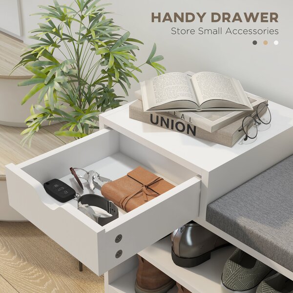 HOMCOM Entryway Shoe Storage Bench with Drawer & 3 Open Shelves, Upholstered Hallway Bench for Shoes, White Aosom UK