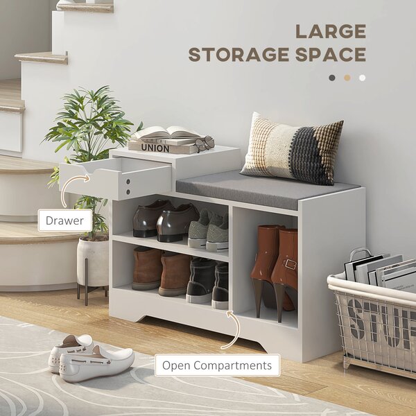 HOMCOM Entryway Shoe Storage Bench with Drawer & 3 Open Shelves, Upholstered Hallway Bench for Shoes, White Aosom UK