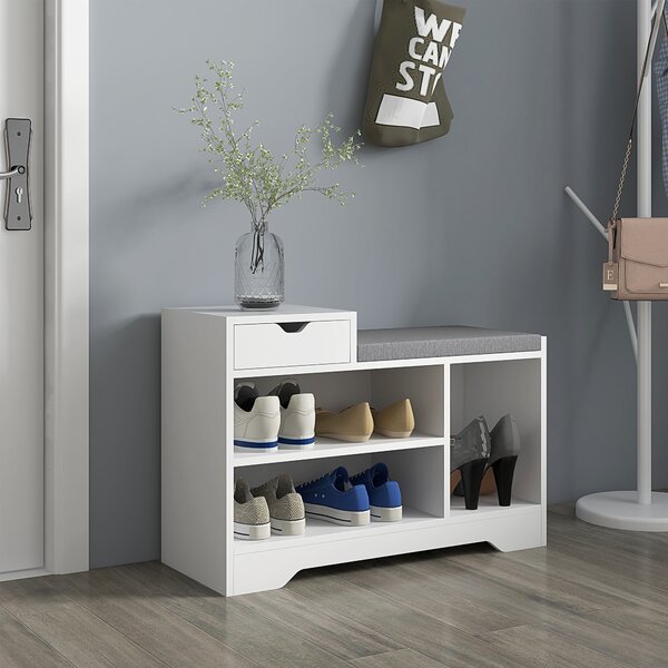 HOMCOM Entryway Shoe Storage Bench with Drawer & 3 Open Shelves, Upholstered Hallway Bench for Shoes, White Aosom UK